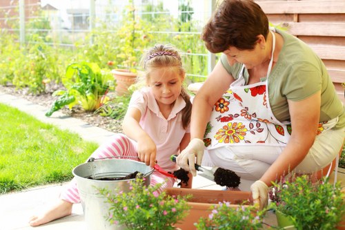 Before and after style view of a garden makeover with improved surfaces